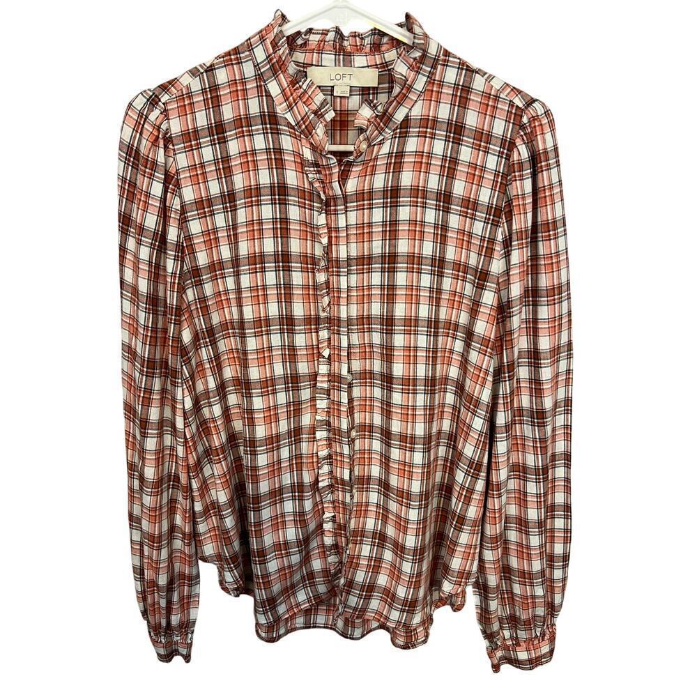 Loft Plaid Ruffle Cottagecore Button Front Blouse Size Small